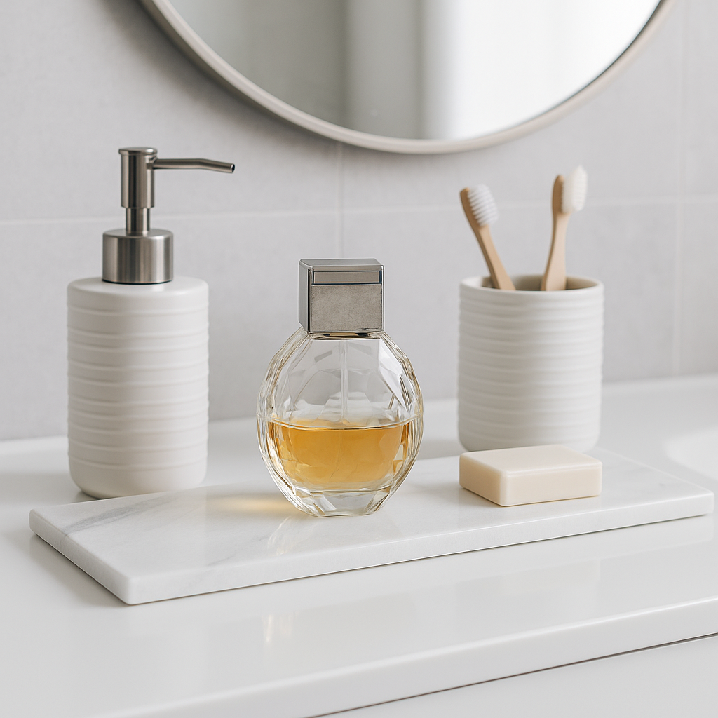 Plateau en marbre pour salle de bain avec accessoires organisés