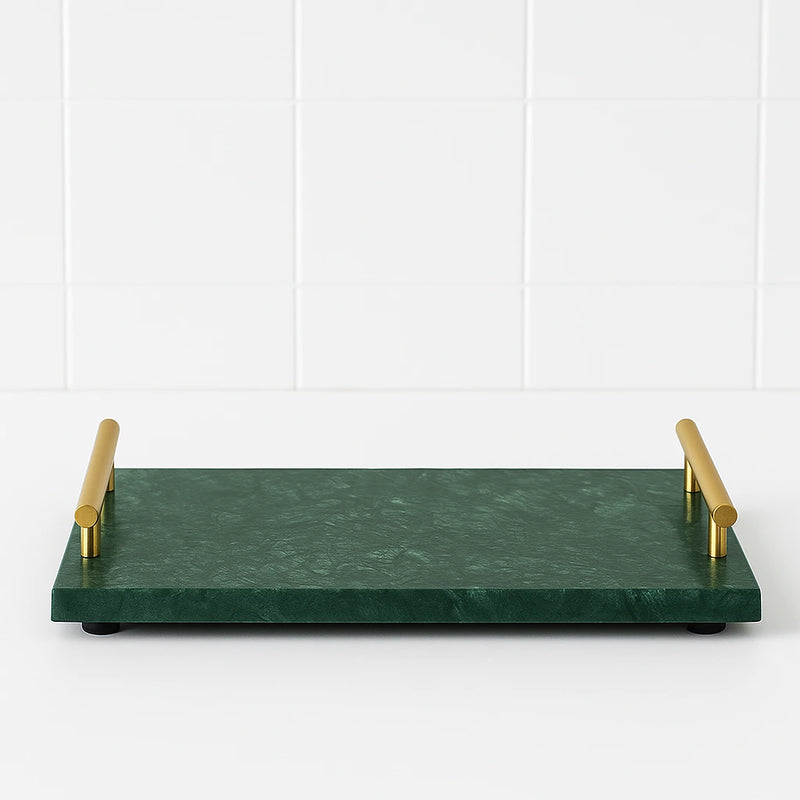 Plateau rectangulaire en marbre vert avec poignées dorées de luxe