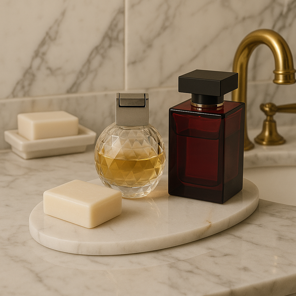 Plateau ovale en marbre pour organiser les accessoires de salle de bain