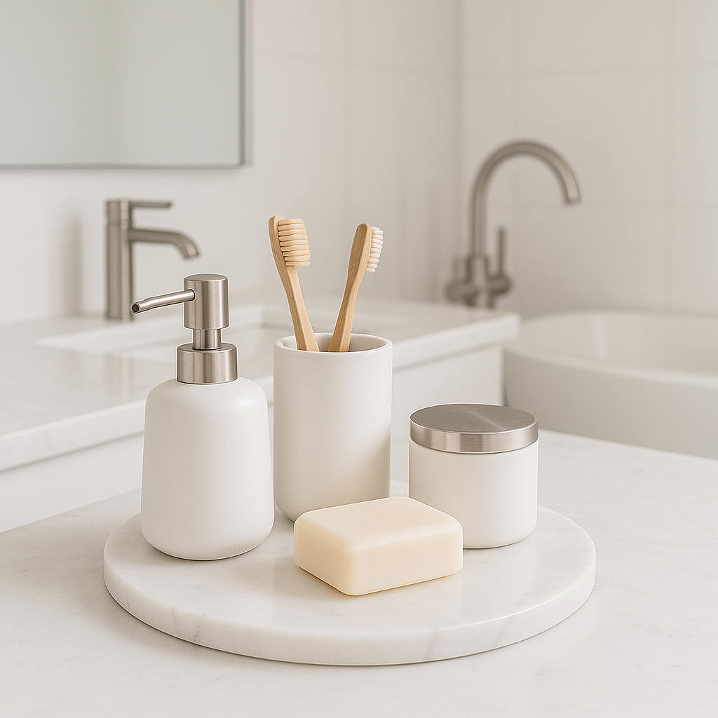 Plateau rond en marbre pour organiser salle de bain