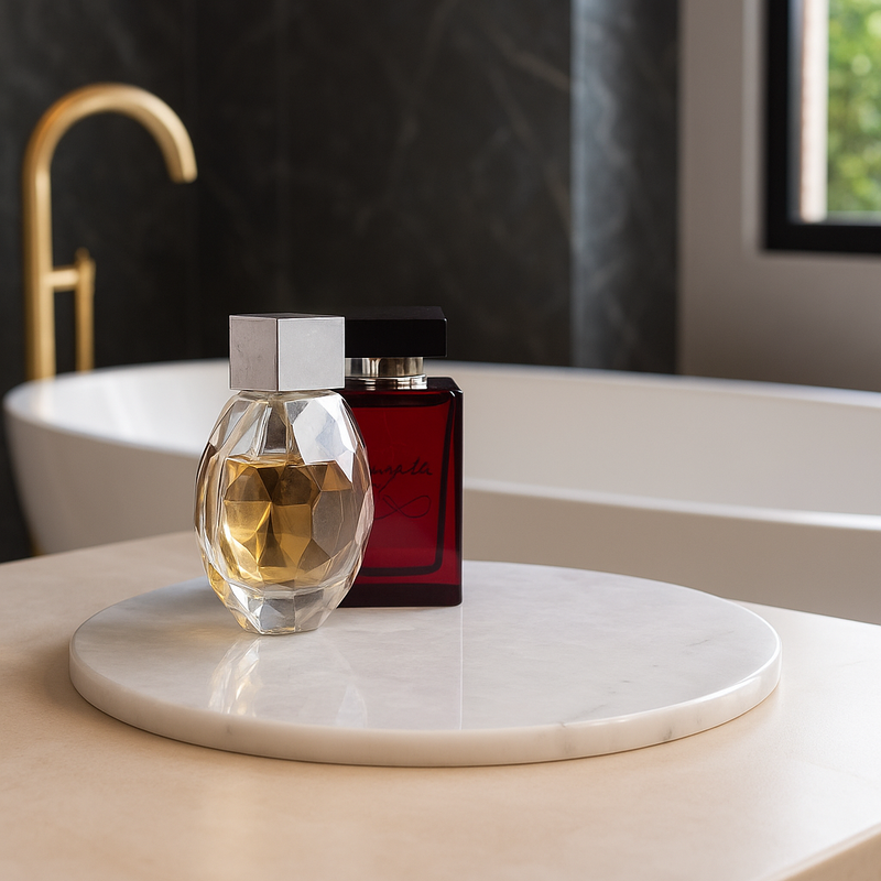 Plateau rond en marbre pour organiser salle de bain