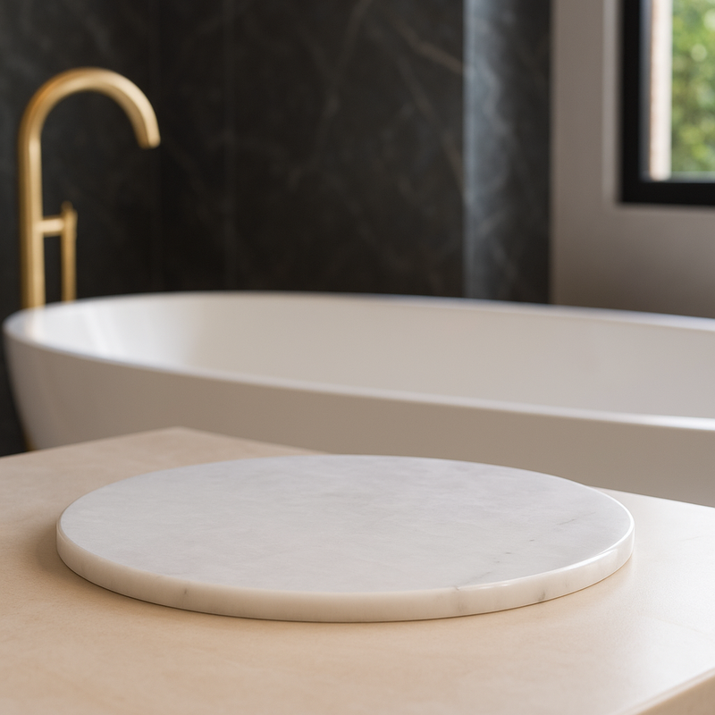 Plateau rond en marbre pour organiser salle de bain