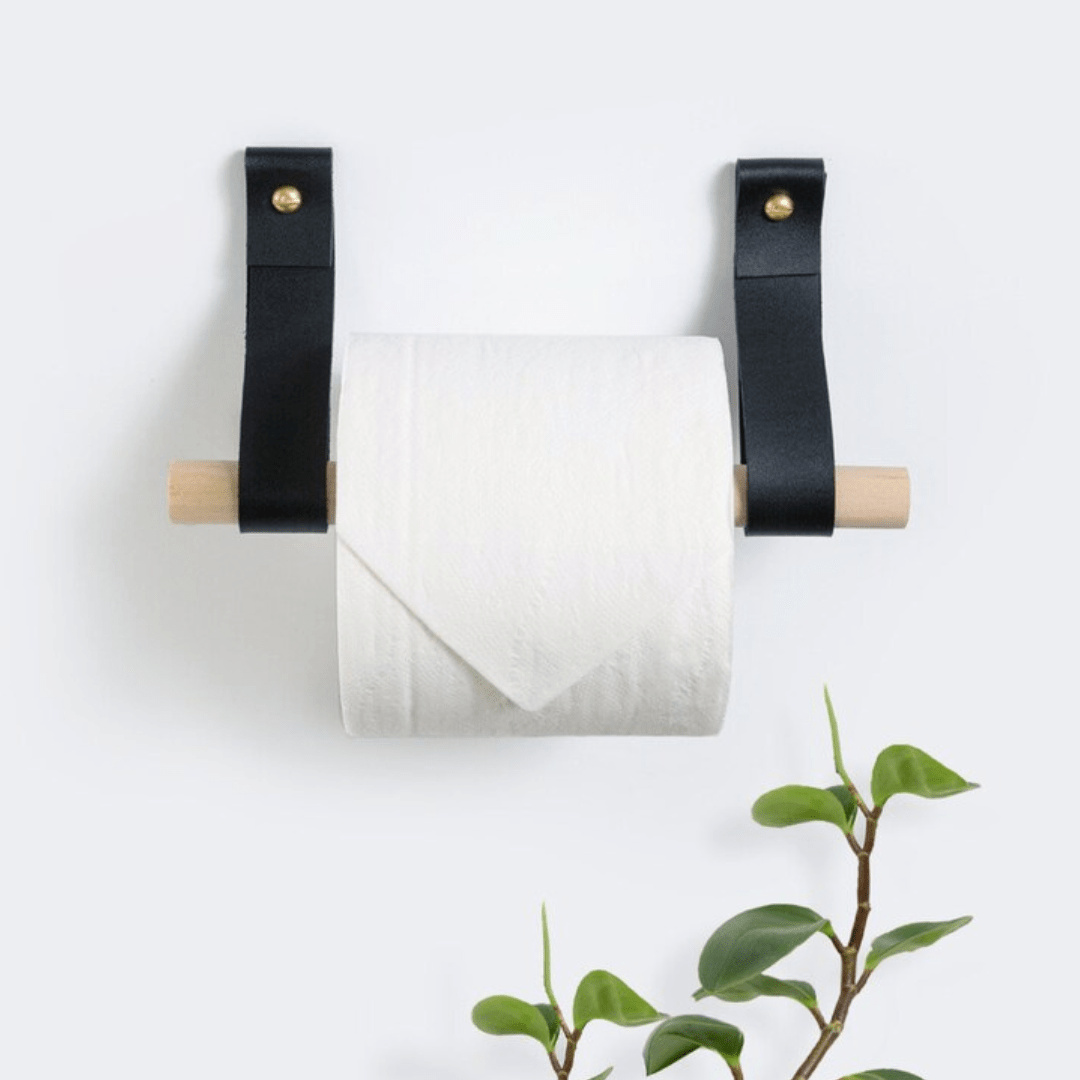 Porte papier toilette en bois et cuir - Design mural élégant pour décorer toilette 