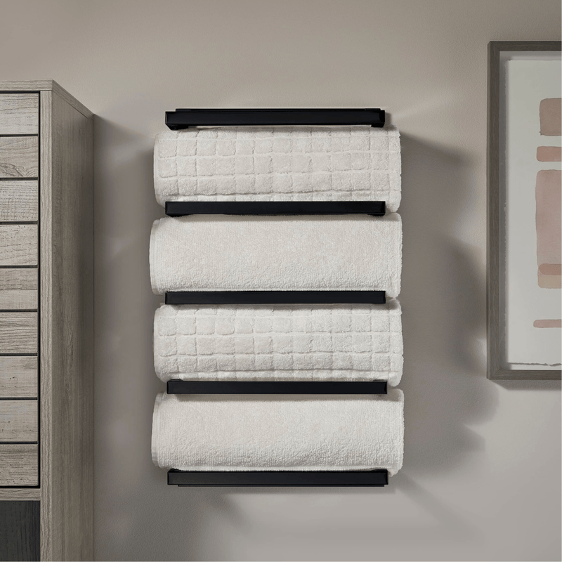 porte serviette multifonctions mural vertical en métal noir, parfait pour l'organisation des serviettes