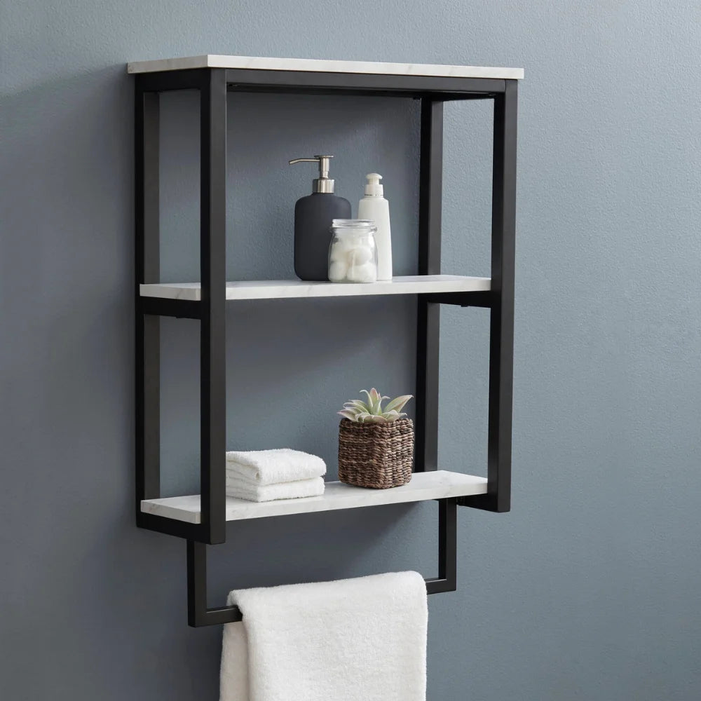 Vue latérale d'un support à serviettes mural à trois niveaux combinant métal noir et bois, idéal pour optimiser l'espace.