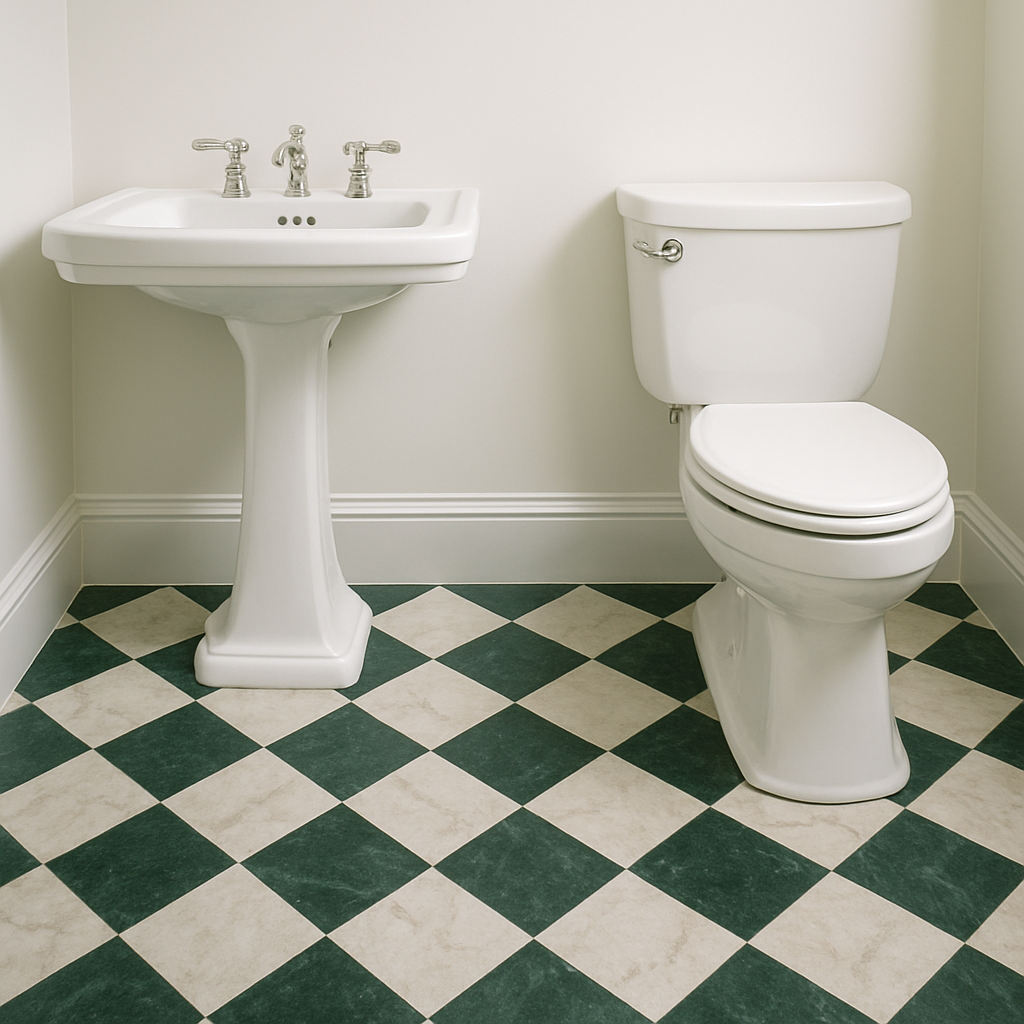 Grande salle de bain lumineuse avec carrelage en marbre en damier vert et creme, baignoire et meuble double vasque