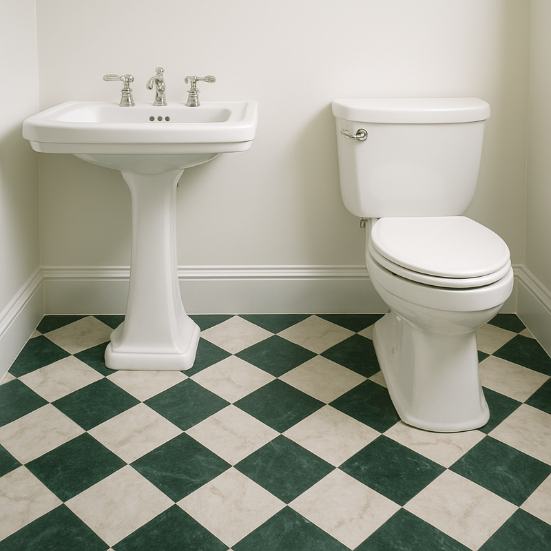 Grande salle de bain lumineuse avec carrelage en marbre en damier vert et creme, baignoire et meuble double vasque