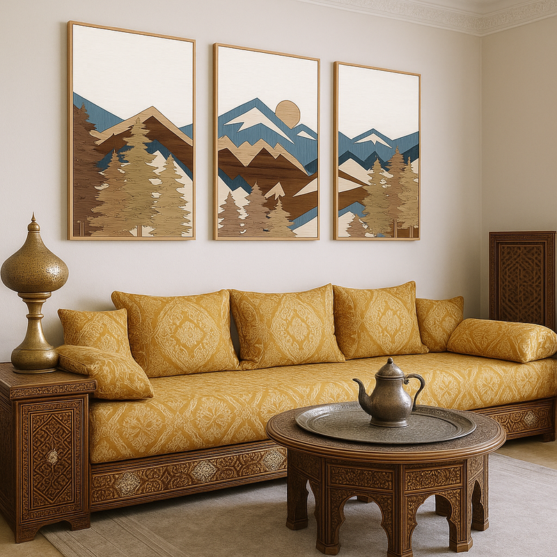 Tableau décoratif suspendu dans un salon marocain traditionnel beige avec coussins brodés