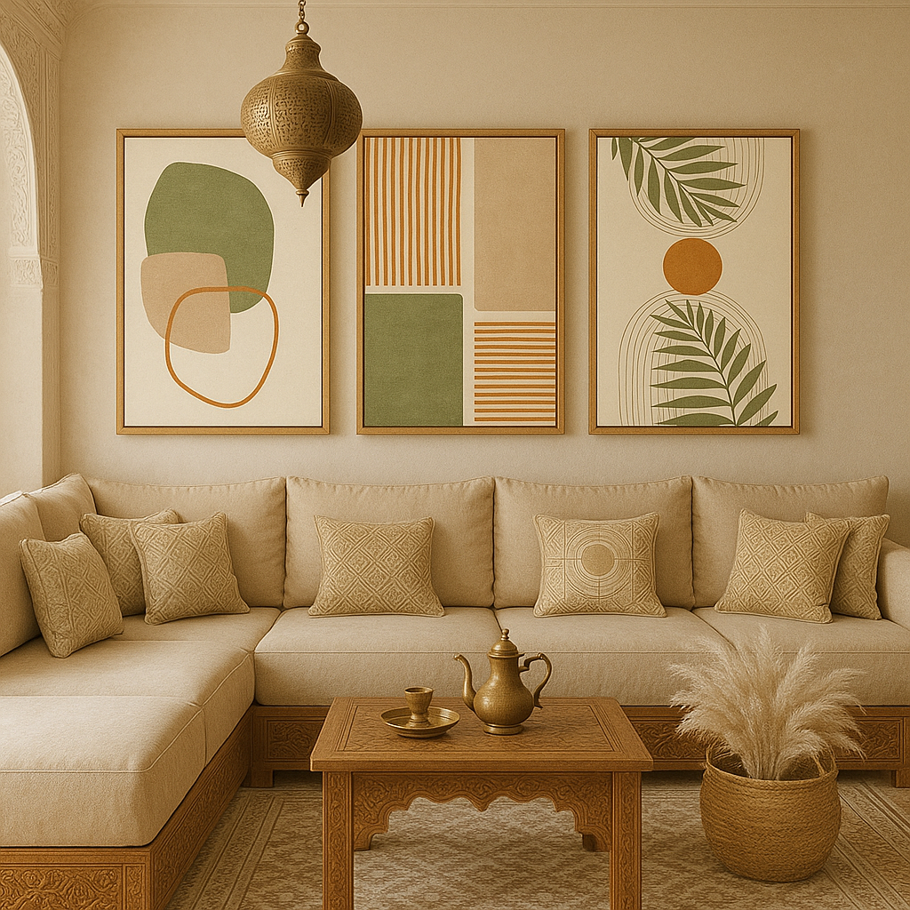 Tableau salon moderne maroc avec fauteuil artisanal en bois