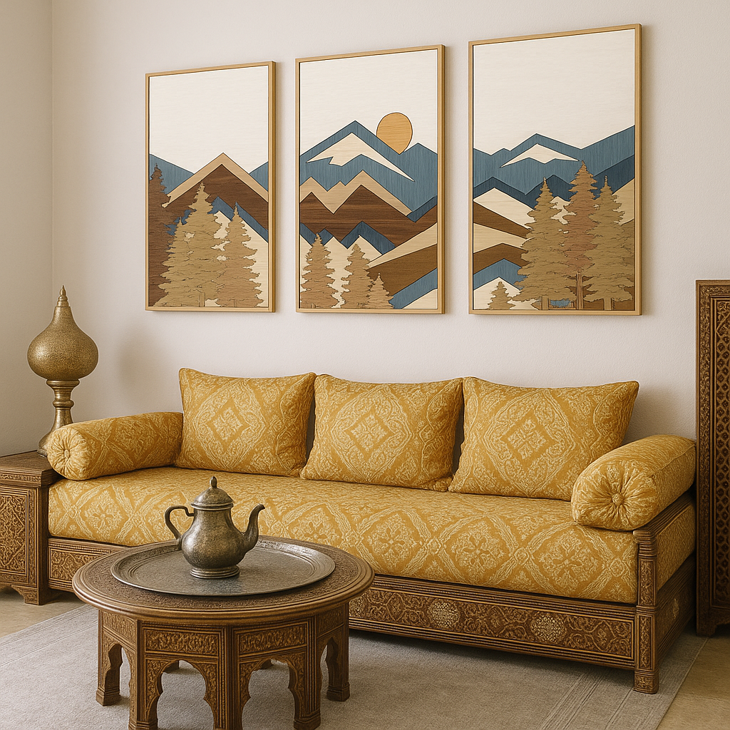 Salon marocain avec tableau mural moderne, rideaux orientaux et fauteuils en tissu brodé