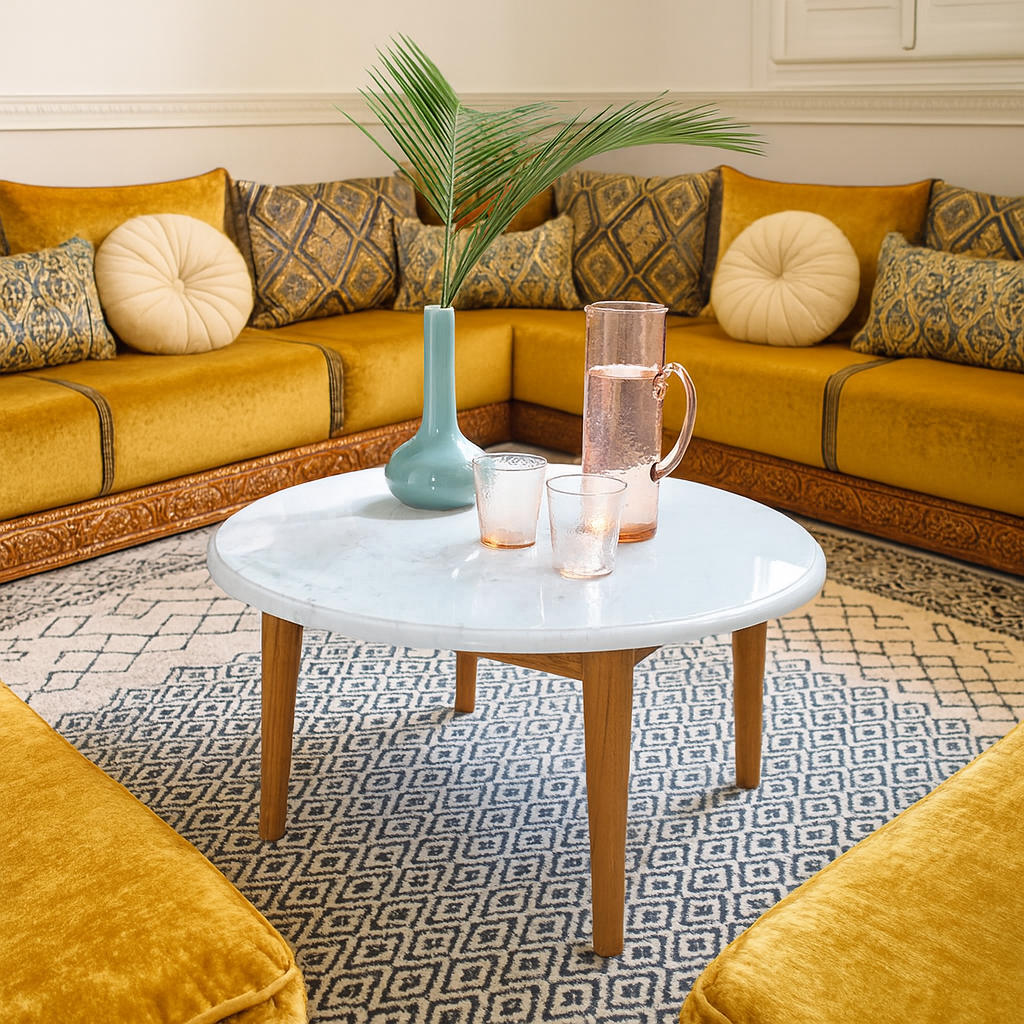 Table basse en marbre naturel et bois dans un salon moderne – decorluxe.ma