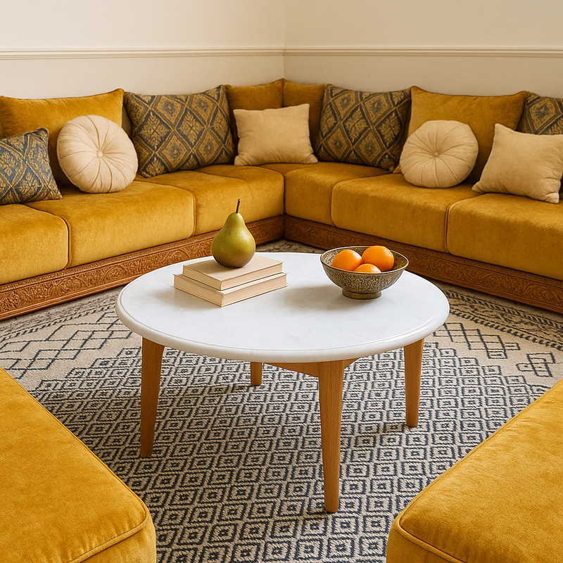 Table basse pour salon marocain traditionnel avec canapé doré – decorluxe.ma