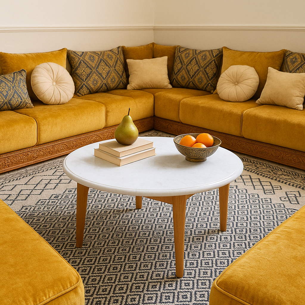 Table basse pour salon marocain traditionnel avec canapé doré – decorluxe.ma