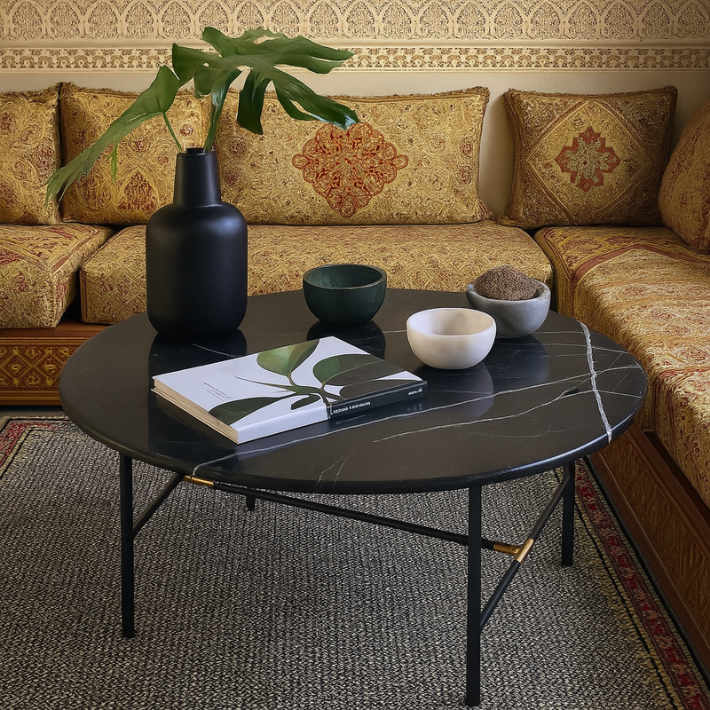 Table basse en marbre naturel noir et métal noir mat - Decorluxe Maroc