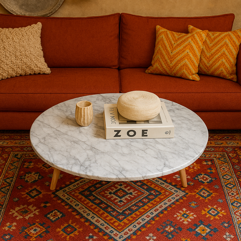table basse ronde marbre clair pieds bois clair