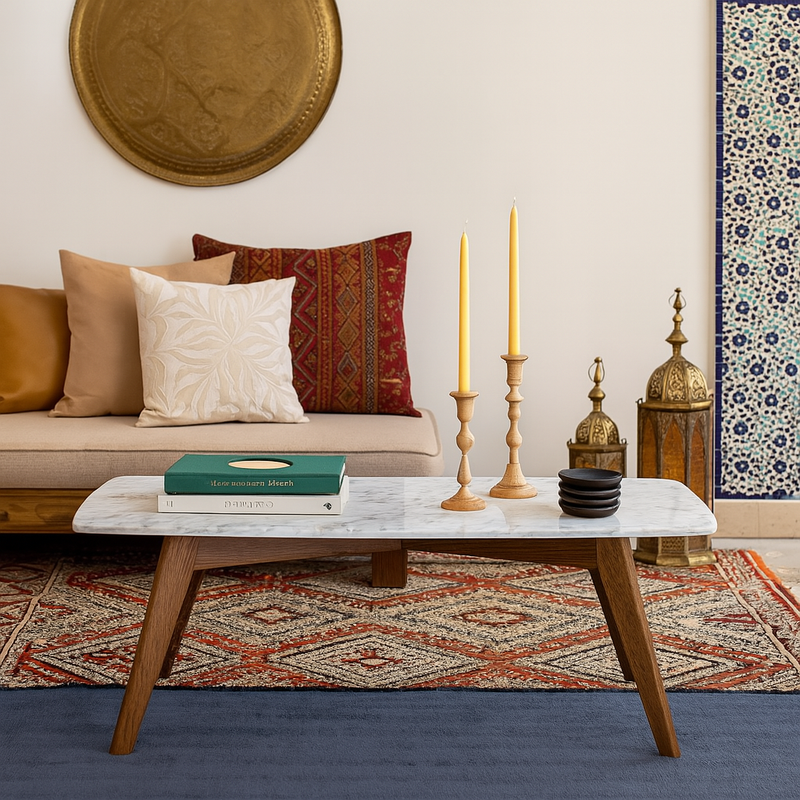 Table basse marbre et bois décorée pour intérieur marocain