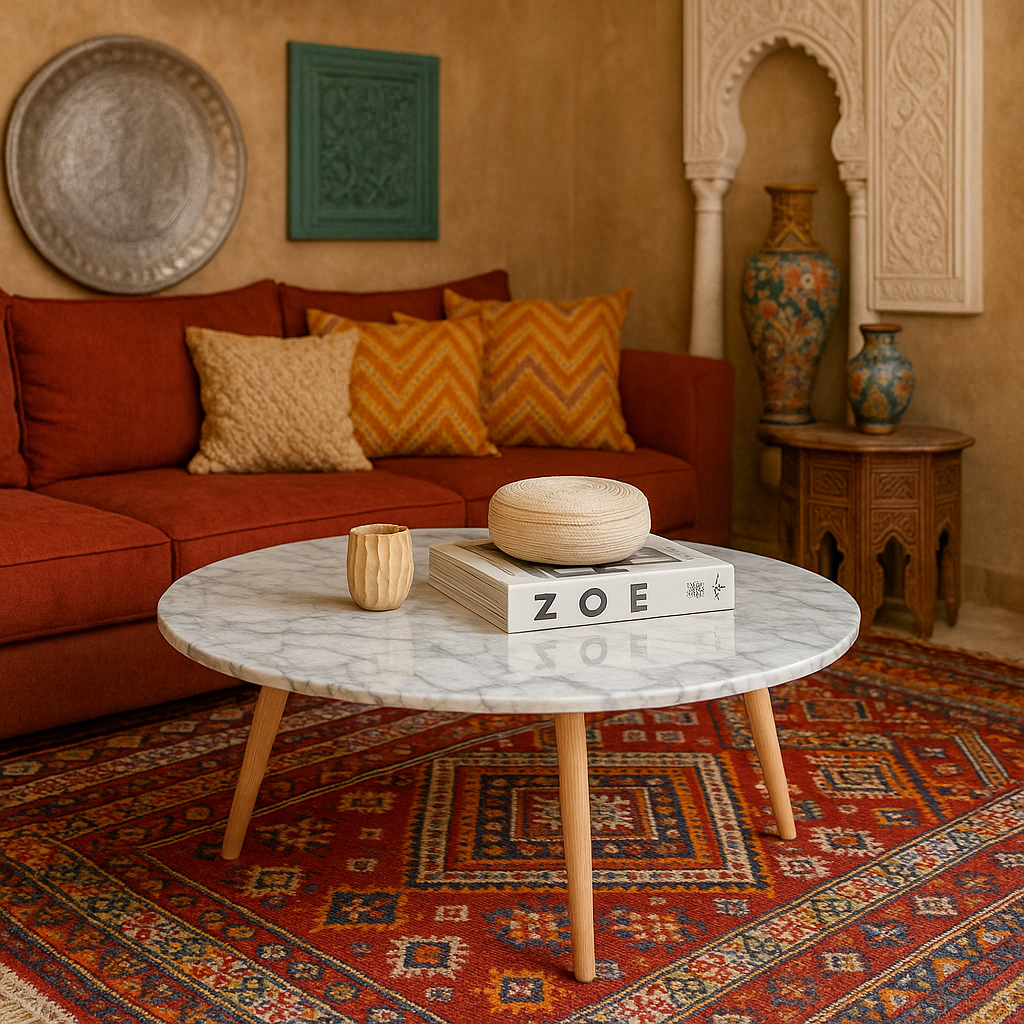 table basse marbre bois salon marocain