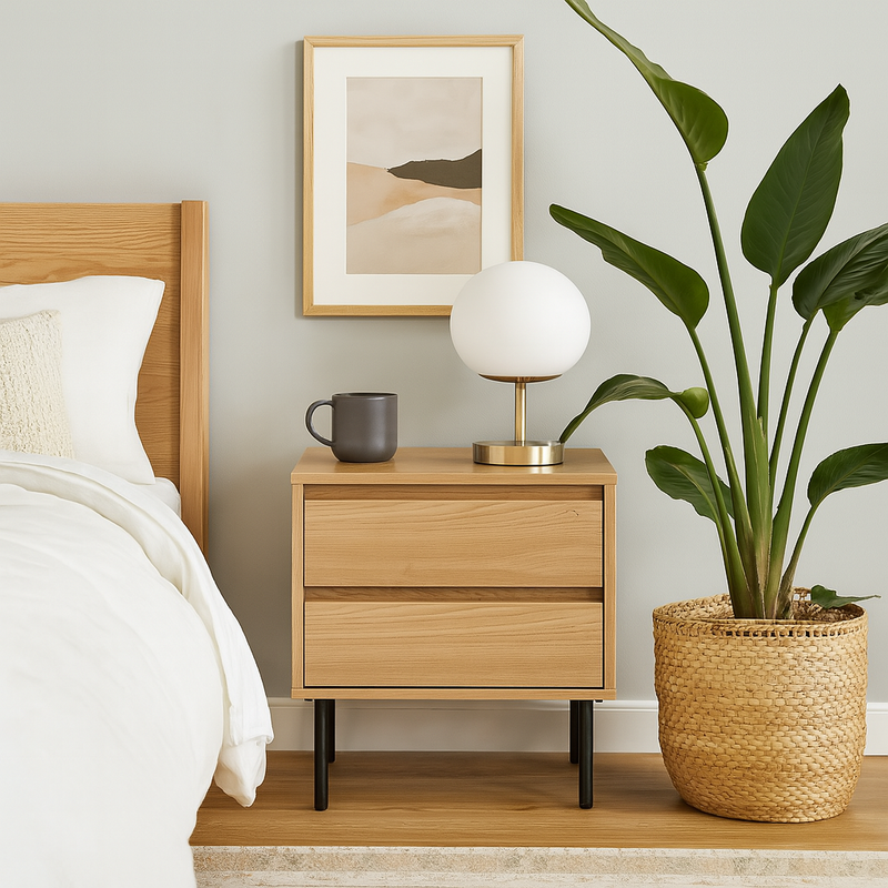 Table de chevet style IKEA en bois naturel pour intérieur minimaliste