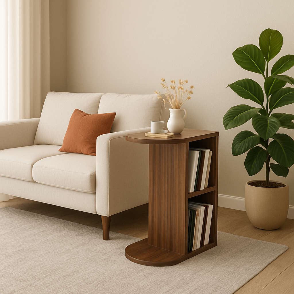 Table de chevet en bois naturel avec étagères ouvertes – Design élégant pour chambre au Maroc