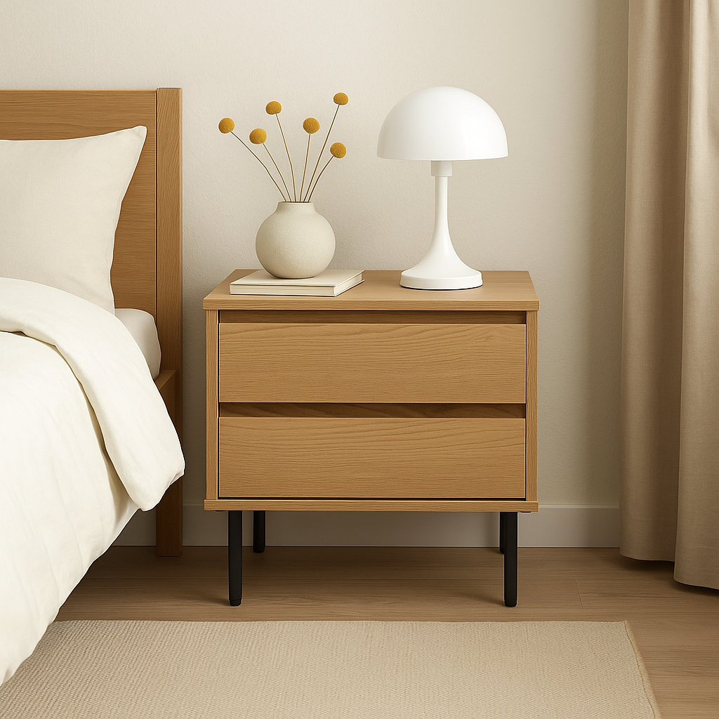 Table de chevet en bois naturel dans une chambre à coucher moderne au Maroc