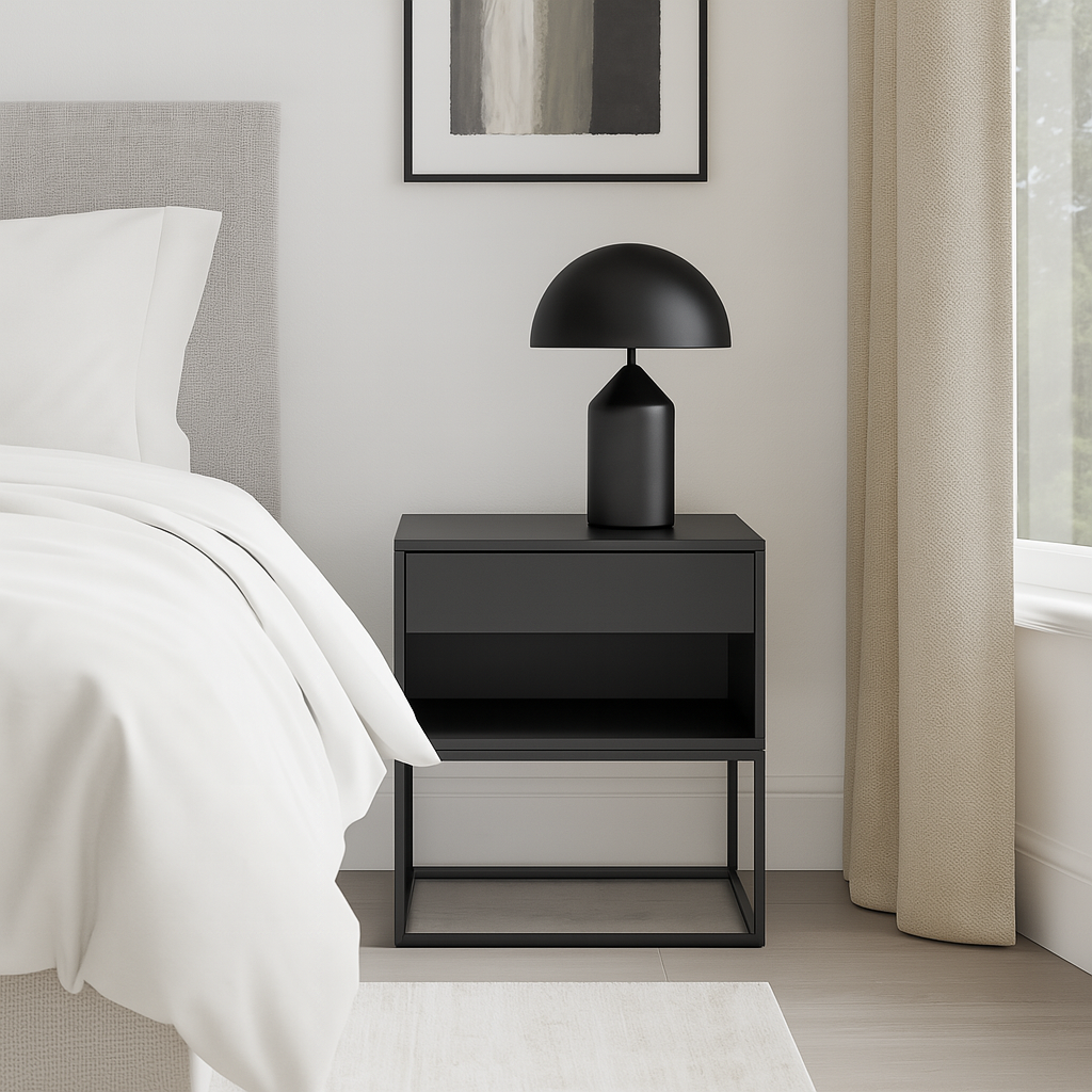 Table de chevet moderne en MDF et métal noir, idéale pour chambre contemporaine au Maroc