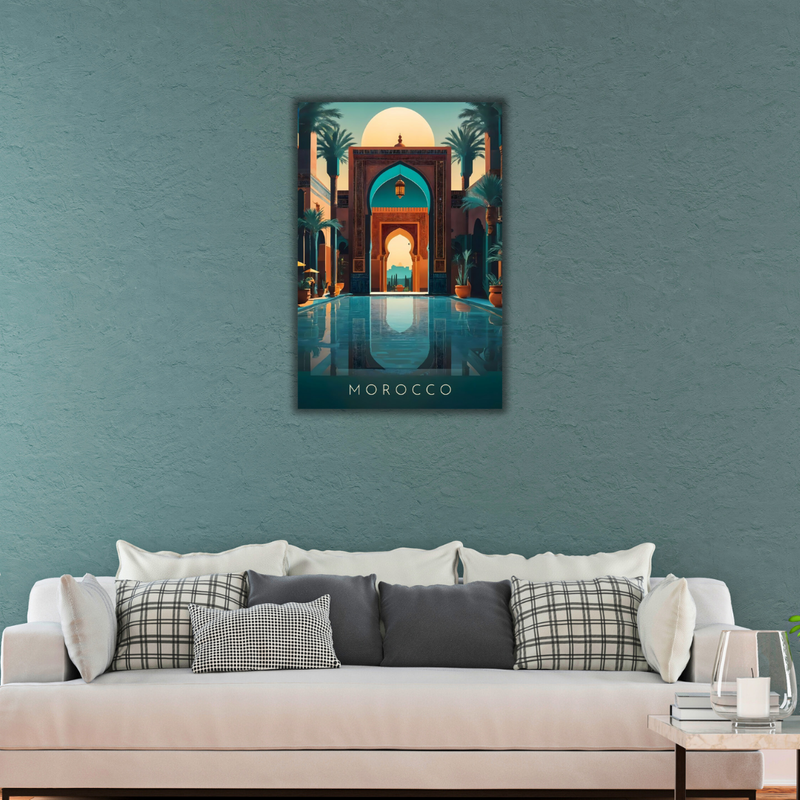 tableau marocain avec arche andalouse et bassin central