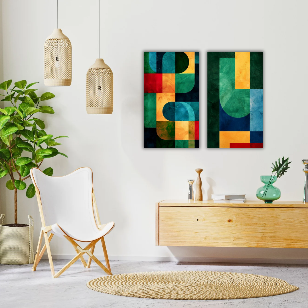 Tableaux muraux artistiques pour salon marocain 2025 avec design géométrique coloré