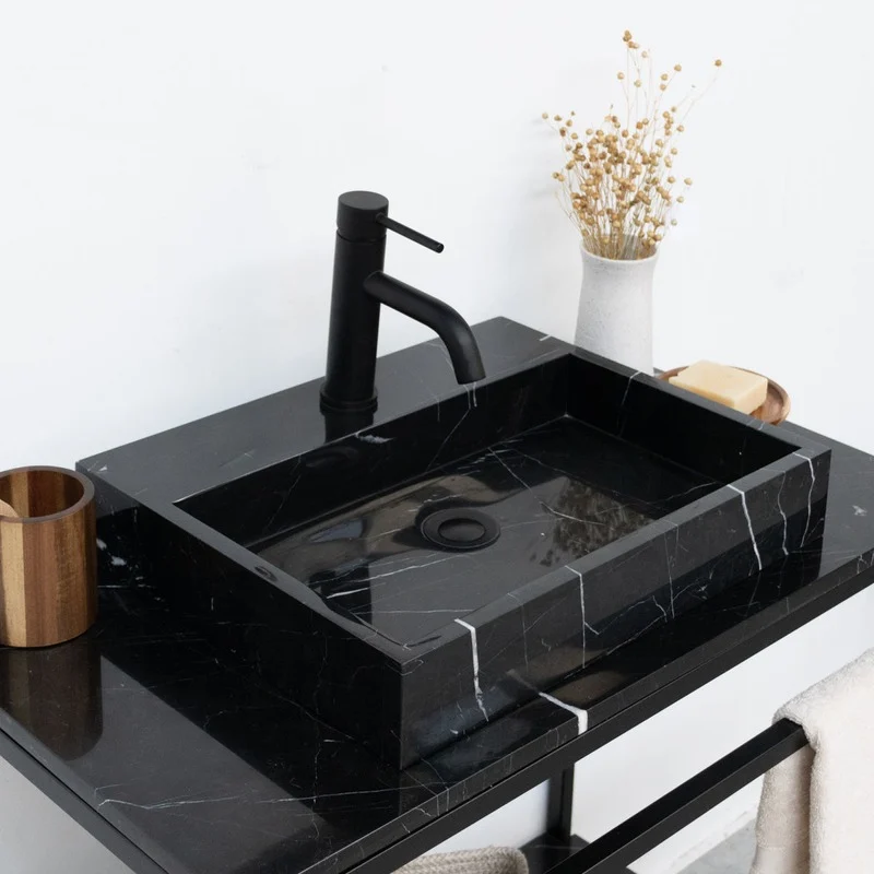 Vasque rectangulaire en marbre noir pour meuble de salle de bain