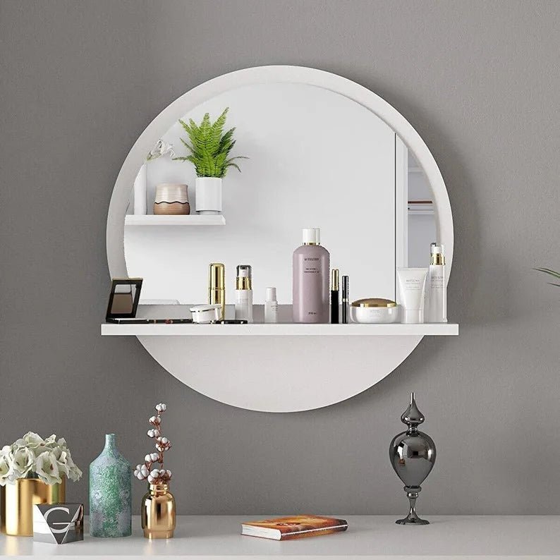 Miroir rond avec étagère moderne pour salle de bain